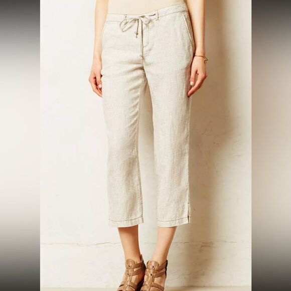 Marrakech Anthropologie Cropped Pin Stripes Paden Linen Trousers Pants Size 31 - Picture 1 of 12